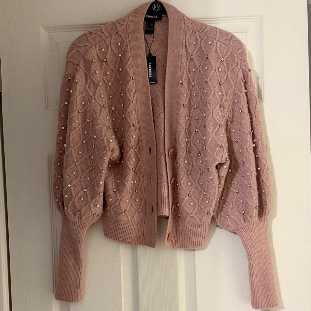 New with tags Express Pink Cardigan with Pearl and Rhinestone Details